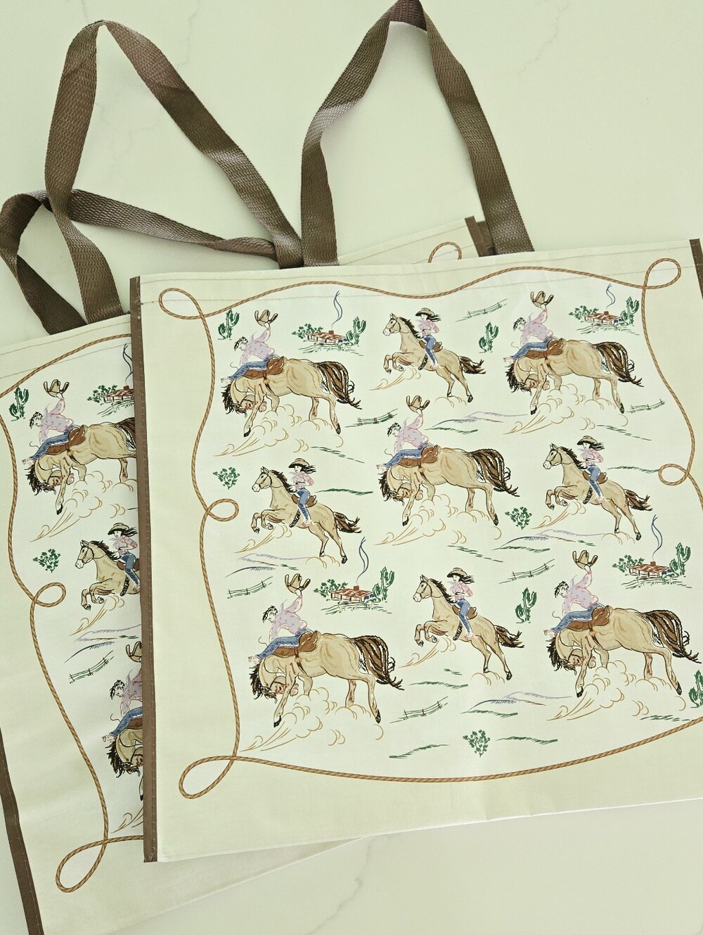 Homegoods TJMaxx Marshalls Western Cowgirl CowBoys Reuseable Tote Bags Set of 2